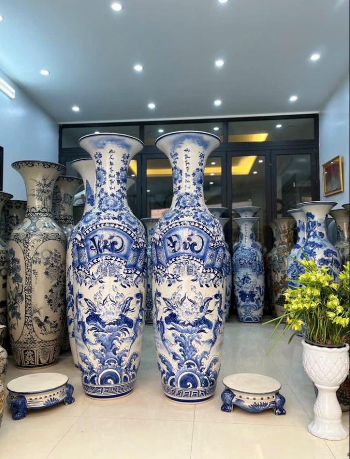 Lộc bình Liên Hoa Cát Tường sứ men lam cao 80cm
